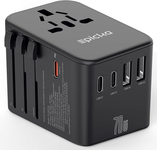 EPICKA Universal Travel Adapter, GaN International Plug Adapter with 3 USB-C 70W PD Fast Charging & 2 USB-A Adaptor All-in-one Wall Charger for USA EU UK AUS (TA-105 Pro, Black)