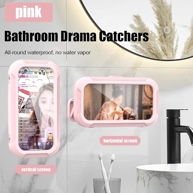 360° Rotatable Retractable Adjustable Shower Phone Case Holder,Anti-fog HD & sensitive screen ,Wall Mounted Phone Holder for Bathroom Mirror Bathtub Kitchen,Shower Accessories for 4-7" Phones (pink)