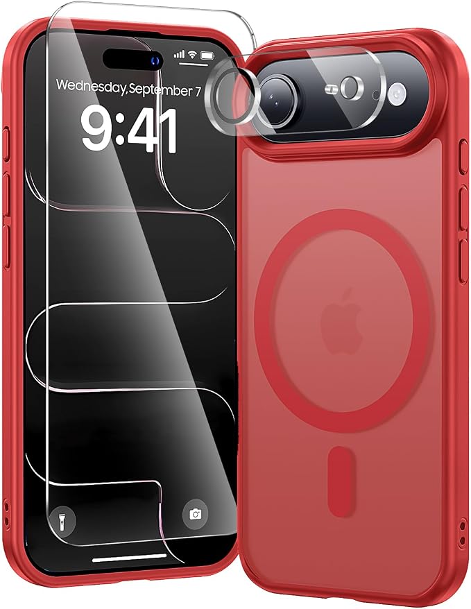 3 in 1 for iPhone Air Case Matte Red,Fits MagSafe, Screen Protector*1 Camera Lens Protector*1,Matte Skin Feeling Back, Cover Military-Grade Protection