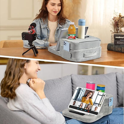 TabCouchCaddy - Couch Cup Holder Tray Pillow - Bed, Couch Caddy, Sofa, RV & Car - Holds Drinks, Snacks, Remotes, Phones, Kindle, Tablet | Bed Cup Holder (Grey)
