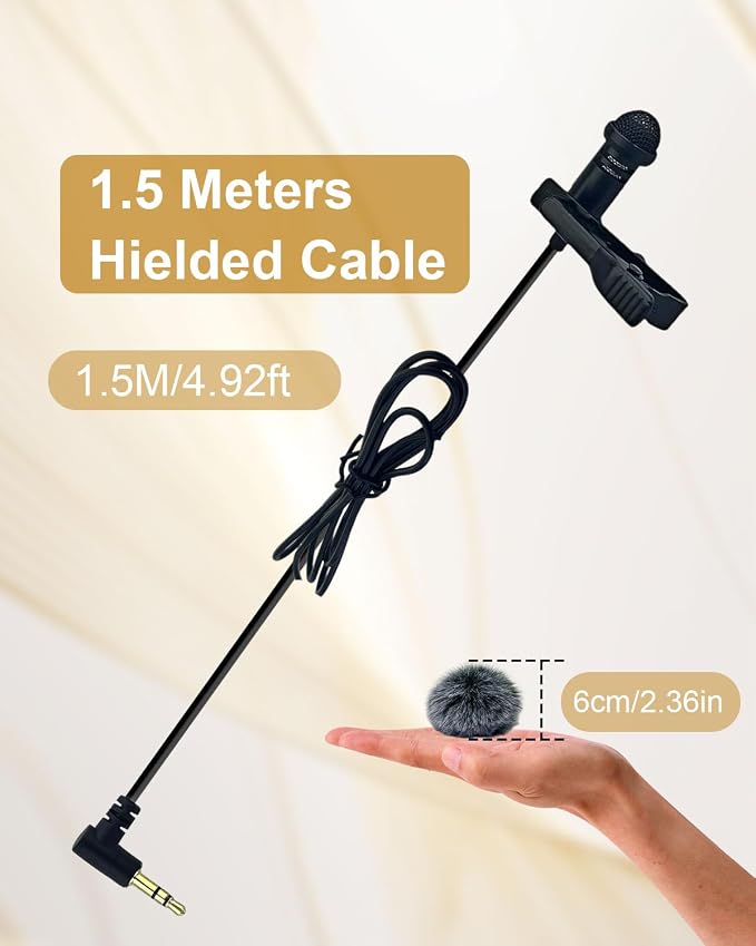 Lavalier Lapel Microphone for DJI MIC 1/2 for Rode GO II Wireless Transmitter, L-Shaped Angle 3.5mm Plug Omnidirectional Condenser Wired Mic with Wind Muff for YouTube Vlog Interview,1.5M
