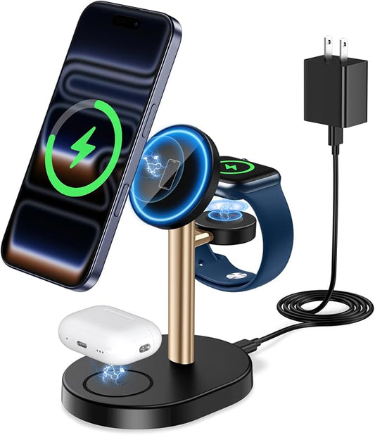 2026 3 in 1 Wireless Charging Station for Apple MagSafe Charger, 15W Fast Magnetic Mag-Safe Charger Stand for iPhone 17 16 15 14 13 12 Apple Watch AirPods Series, Gold&Black