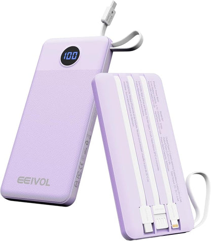 Portable Charger with Built in Cables, Slim 10000mAh Power Bank, USB C Battery Pack Travel, 4 Output 2 Input External Charging Bank for iPhone 17/16/15/14/13,Samsung, Android, etc-Purple(1 Pack)