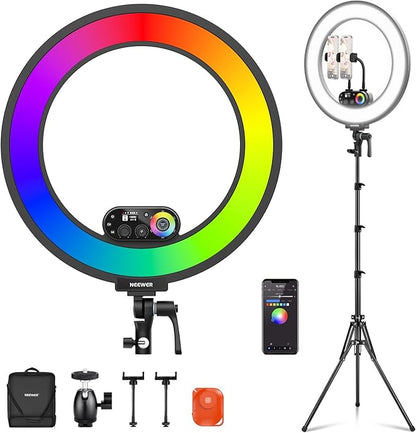 NEEWER RL45C 18" Edge Lit 45W RGB LED Ring Light with Phone Tripod Stand Remote CRI95+ 3100lux/0.5m 2500K–10000K 360° Full Colors App/2.4G Control Compatible with iPhone Selfie Makeup Video Recording