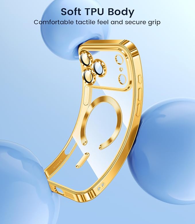 Slim Thin for iPhone 17 Pro Case Clear, Compatible with MagSafe, Built-in Camera Lens Protector, Shockproof Protective Phone Case, Soft Electroplated Magnetic Cover, Gold