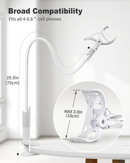 SAIJI Gooseneck Cell Phone Holder, Clamp Universal Lazy Mount Clip Hands Free Flexible Long Arm Bracket Grip for 4-7 Phones Mobile Stand Baby Monitor for Desk, Bed, Office, Kitchen (White)