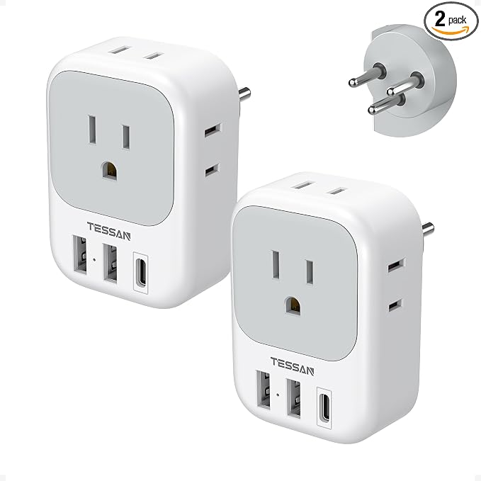 TESSAN Israel Adapter Plug, 2 Pack, Type H Travel Adaptor | US to Israel Power Adapter, 3 USB Ports (1 USB C Port), 4 American Outlets, Type H Travel Adaptor for USA to Jerusalem
