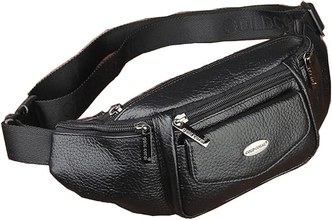 Hebetag Leather Fanny Pack Waist Bag for Men Women Slim Bumbag Waist Packs Outdoor Travel Hiking Casual Pouch Day Pack (Black)