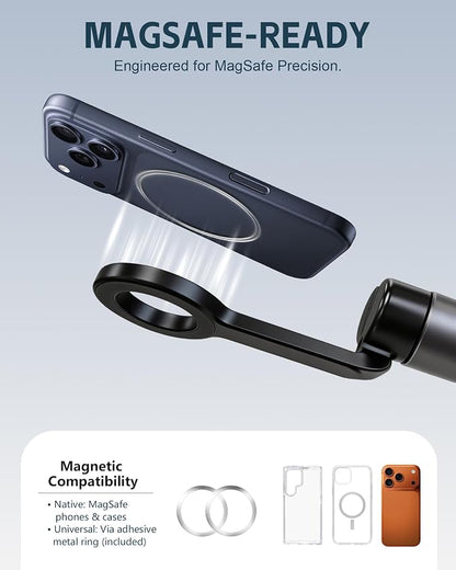 Magnetic Phone Tripod for iPhone MagSafe - 67" Auto-Deploy Selfie Stick with Wireless Remote, 360° Rotatable Tripod Stand for Video Recording, Live Streaming, Vlogging
