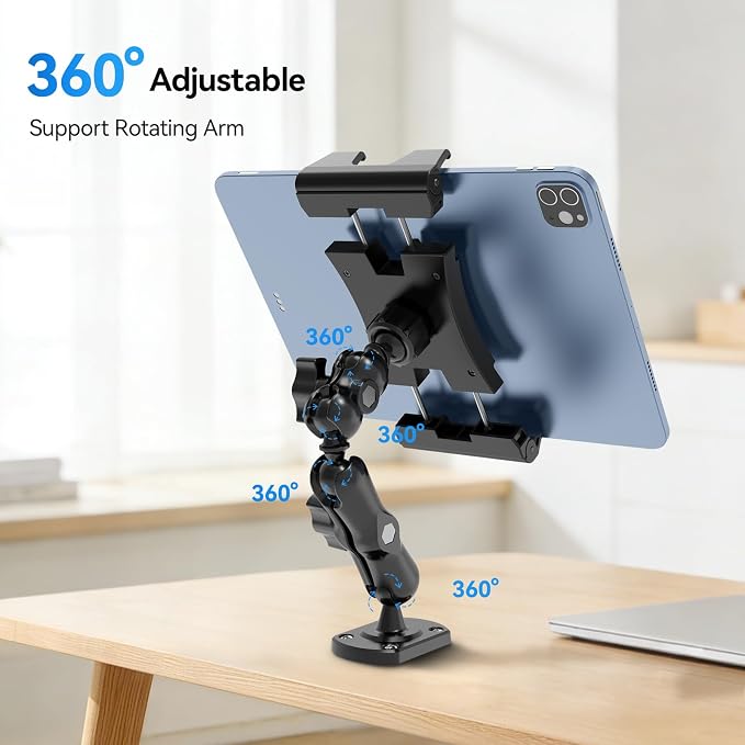 OHLPRO Heavy Duty Drill Base Tablet Holder for Car & Truck Dashboard Mount with 360° Adjustable 2-Stage Arm for 5-13" iPads Tablets & Phones Kindle, Mounting for Commercial Vehicles Boat Wall Desk
