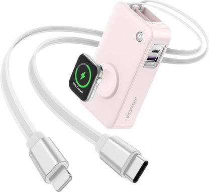 RORRY Portable Charger, 10,000mAh 30W Fast Charging Power Bank with Built-in Retractable Cables, Travel Battery Pack for iPhone 17/16/15/14/13/12, Apple Watch, iPad and More, Pink