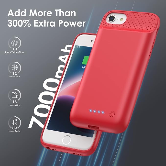 Battery Case for iPhone 8/7/6s/6/SE (2022/2020),[2025 Upgraded] 7000mAh Ultra-Slim Portable Extended Charger Cover for iPhone 8/7/6s/6/SE (2022/2020) Charging Case (4.7 Inch)-Red