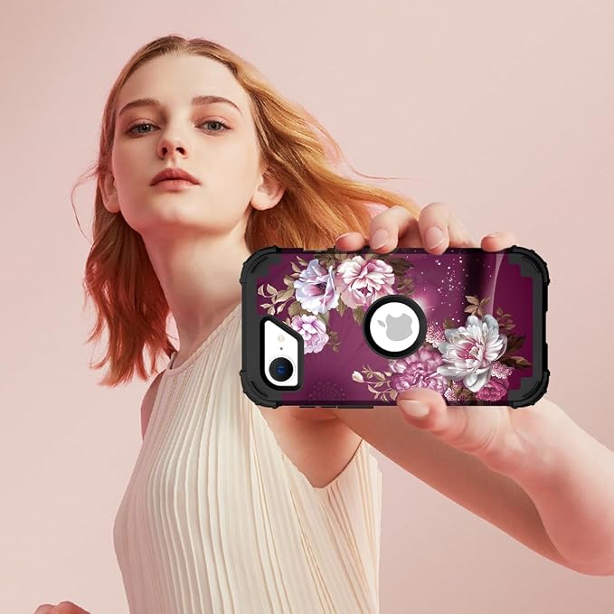 Hocase for iPhone 17e/iPhone 16e Case, Heavy Duty Shockproof Protection Hard Plastic+Silicone Rubber Hybrid Protective Phone Case for iPhone 17e/16e 6.1" - Royal Purple Flowers
