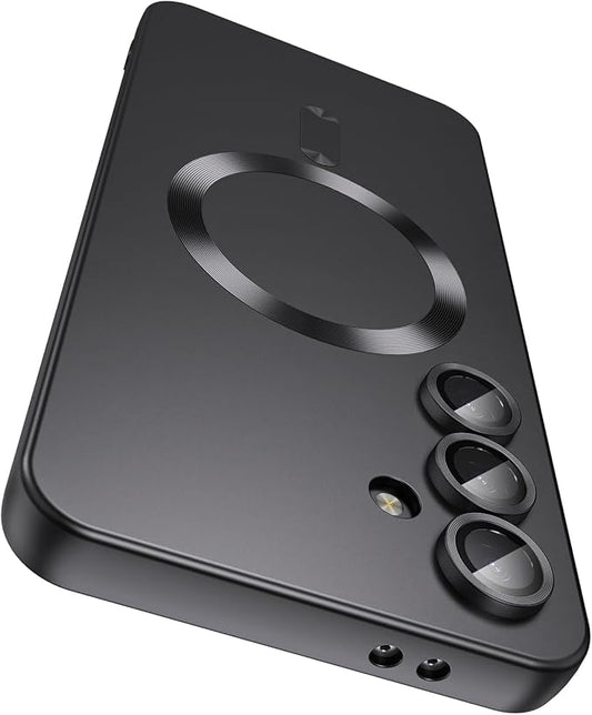 Magnetic for Samsung Galaxy S24 Plus Case [Compatible with MagSafe][Built-in Camera Lens Protector] Slim Soft Silicone Bumper Shockproof Metallic Luster Phone Case (Black)
