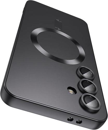 Magnetic for Samsung Galaxy S25 Case [Compatible with MagSafe][Built-in Camera Lens Protector] Slim Soft Silicone Bumper Shockproof Metallic Luster Phone Shell (Black)