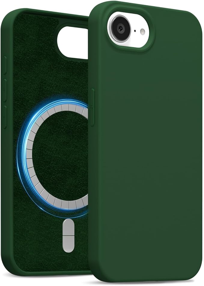 for iPhone 17e 16e Case Silicone Compatible with Magsafe Case, Ultra Slim Thin Magnetic Phone Cases Mag Safe, Cute Soft Rubber Gel TPU Matte Plain Wireless Charging Cover for Women, Dark Green