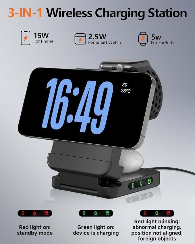 3 in 1 Foldable Wireless Charger, 15W Qi2 Magnetic Charger Stand for iPhone & Samsung, Apple Watch & Galaxy Watch, AirPods & Galaxy Buds, Travel-Friendly, 25W PD Adapter Included