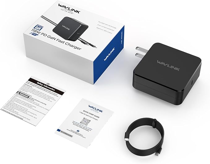 WAVLINK 118W GaN Charger, Ultra-Fast PD3.0 USB C Charger with GaN Ⅱ Tech, One-Port Wall Charger Power Adapter for Laptops, iPhone, Android (with USB-C Cable), Portable for Anywhere You Travel