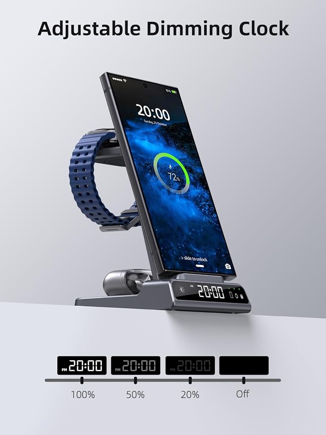 Wireless Charger Samsung Charging Station: 3 in 1 Android Charging Stand with Dimmable Clock - Nightstand Organizer for Galaxy S25 Ultra S24, Galaxy Watch 8 7 6 5 4, Galaxy Buds, Space-Saving Charger