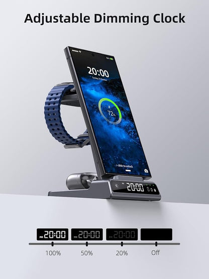Wireless Charger Samsung Charging Station: 3 in 1 Android Charging Stand with Dimmable Clock - Nightstand Organizer for Galaxy S25 Ultra S24, Galaxy Watch 8 7 6 5 4, Galaxy Buds, Space-Saving Charger