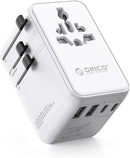 ORICO Universal Travel Adapter 70W GaN International Power Adapter | 7 in 1 (2 AC, 3 USB-C, 2 USB-A) European Travel Plug Adapter, Built-in Retractable USB-C Cable for Eu UK AU 200+ Countries