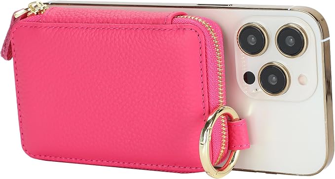Cavor Compatible with MagSafe Wallet Genuine Leather Cash Wallets for Women, Magnetic Phone Wallet for iPhone 17 Pro Max/16/15/14/13/12, id Credit Card Holder with Mag safe Keychain-Rose red