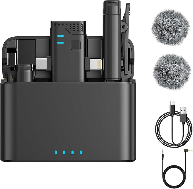 2 in 1 Professional Wireless Lavalier Microphone for Android, iPhone iPad with Charging Case Noise Cancellation Plug-Play Clip on Lapel Mic for YouTube, Recording, Facebook Live Streaming (Black)