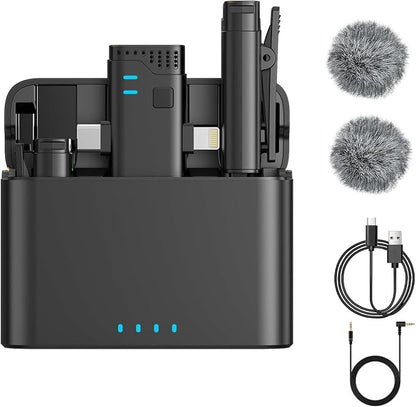 2 in 1 Professional Wireless Lavalier Microphone for Android, iPhone iPad with Charging Case Noise Cancellation Plug-Play Clip on Lapel Mic for YouTube, Recording, Facebook Live Streaming (Black)