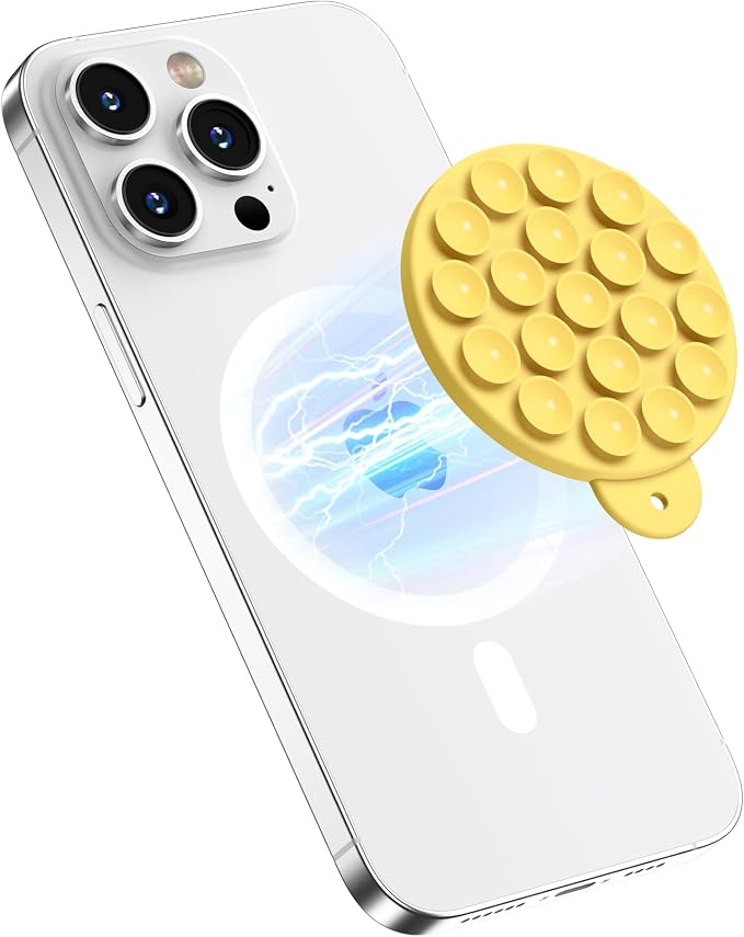 Magnetic Suction Cup Phone Mount, Compatible with MagSafe, Silicone Octo Cup Buddy Sticky Grip Holder for iPhone and Android, Removable Hands-Free Phone Stand Selfie/Video for TikTok, Yellow