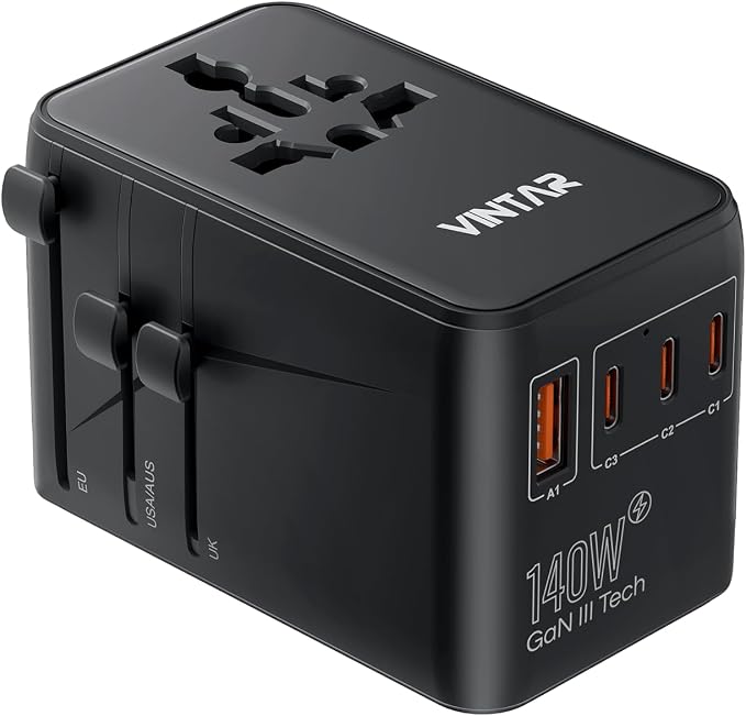 VINTAR 140W GaN Universal Travel Adapter, 6-in-1 International Power Adapter with 2AC, 3 USB-C PD & 1 USB-A QC, All-in-One Charger Compatible with EU/UK/US/AU for Laptops, Tablets, Phones, Cameras