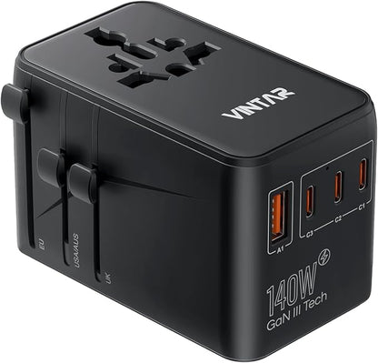 VINTAR 140W GaN Universal Travel Adapter, 6-in-1 International Power Adapter with 2AC, 3 USB-C PD & 1 USB-A QC, All-in-One Charger Compatible with EU/UK/US/AU for Laptops, Tablets, Phones, Cameras