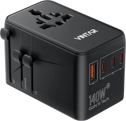 VINTAR 140W GaN Universal Travel Adapter, 6-in-1 International Power Adapter with 2AC, 3 USB-C PD & 1 USB-A QC, All-in-One Charger Compatible with EU/UK/US/AU for Laptops, Tablets, Phones, Cameras