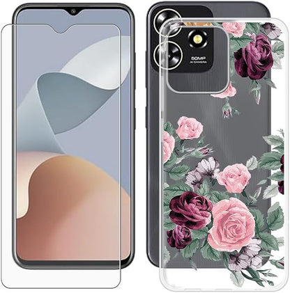 Cover for ZTE Blade A73 (6.52 inch) Case + Screen Protector，Tempered Glass 9H Hardness Protective Film and Soft Silicone Bumper Shell Transparent TPU Phone case -Pink. red Rose