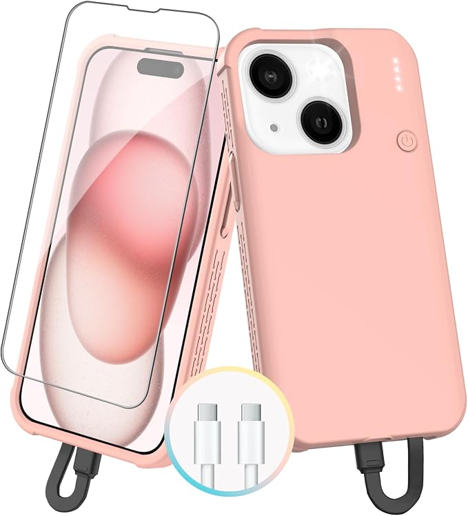 GIN FOXI Battery Case for iPhone 15/15 Pro, Charging Case Charger 7000mAh Portable Rechargeable Cover 15W Fast Ultra Slim Extended Battery Pack Juice Box Built-in Cable, Pink(6.1”)