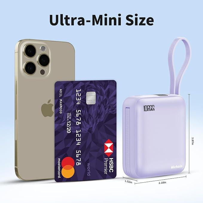10000mAh Small Portable Charger with Built in Cables LED Display Purple | Mini Power Bank 22.5W USB-C Fast Charging Battery Pack, Travel Essential Power Bank for iPhone, iPad, Samsung, Android