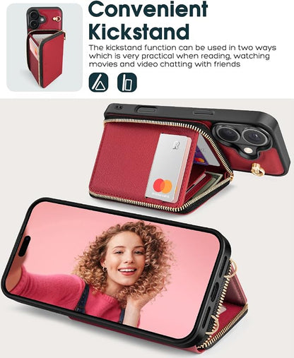 OCASE Compatible with iPhone 16 Crossbody Wallet Case with Card Holder, PU Leather Zipper Handbag Phone Purse with RFID Blocking Kickstand Wrist Strap Lanyard 6.1 Inch, Dark Red