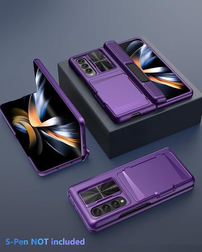Viaotaily for Galaxy Z Fold 4 Case with Kickstand & Card Holder & Hinge Protection & Sliding Camera Cover, Built-in Screen Protector, Durable Rugged Phone Case for Samsung Z Fold 4, 2022, Dark Purple