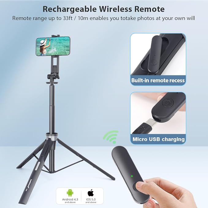 Koolehaoda 64" Magnetic Selfie Stick Phone Tripod with Wireless Remote, Compatible with MagSafe, Portable 5 in 1 Phone Tripod Fit for iPhone 15/14/13 Pro Max Gopro Android Camera & Tablet