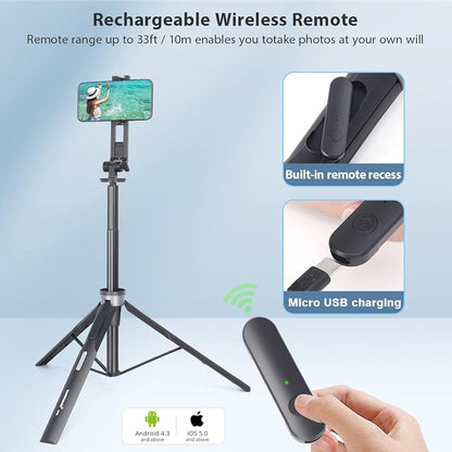 Koolehaoda 64" Magnetic Selfie Stick Phone Tripod with Wireless Remote, Compatible with MagSafe, Portable 5 in 1 Phone Tripod Fit for iPhone 15/14/13 Pro Max Gopro Android Camera & Tablet
