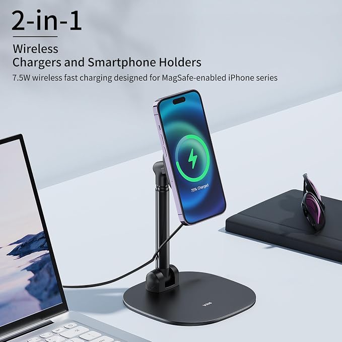 VRIG Magnetic Desk Phone Stand for Office/Home, 360°Rotation Wireless Charger Phone Holder with Magnetic Ring Height&Tilt, Adjustable Cell Phone Stand for iPhone 16 15 14 13 12 and More/Android