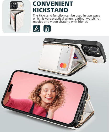OCASE Compatible with iPhone 16 Pro Max Crossbody Wallet Case with Card Holder, PU Leather Zipper Handbag Phone Purse with RFID Blocking Kickstand Wrist Strap Lanyard 6.9 Inch, Diamond Check Cream