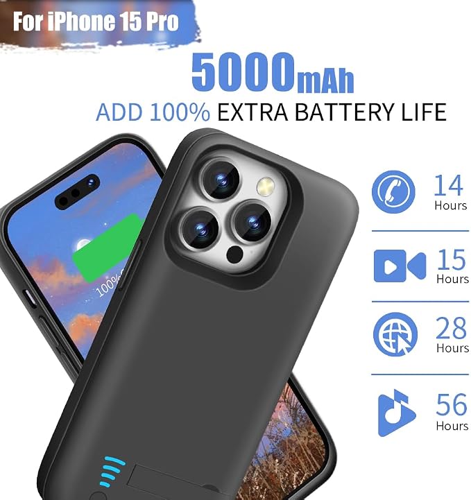 Battery Case for iPhone 15 Pro, 5000mAh Rechargeable Extended Battery Charging/Charger Case, Add 100% Extra Juice (6.1 inch) Black