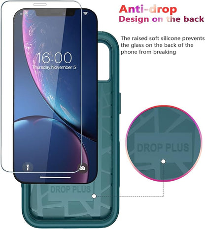 Diverbox Designed for iPhone Xr case with Screen Protector Heavy Duty Shockproof Shock-Resistant Cases for Apple iPhone Xr Phone (Dark Green+Screen Protector)