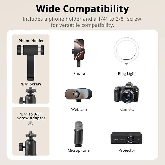 Overhead Camera Mount, Adjustable Desk Mount with Flexible Aluminum Spring Arm, 360° Ball Head, 1/4" 3/8" Screw & Phone Clamp for DSLR Cameras, Light, Heavy Microphones, and Smartphones
