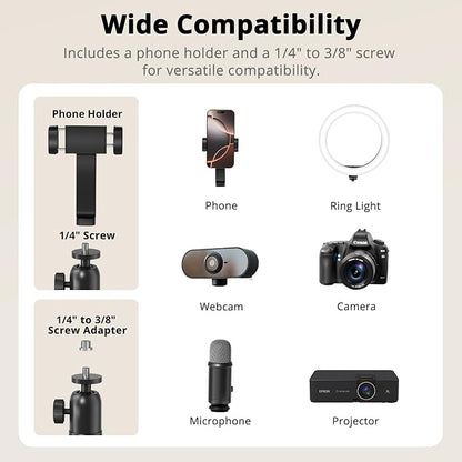 Overhead Camera Mount, Adjustable Desk Mount with Flexible Aluminum Spring Arm, 360° Ball Head, 1/4" 3/8" Screw & Phone Clamp for DSLR Cameras, Light, Heavy Microphones, and Smartphones