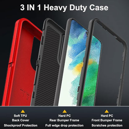 for Samsung Galaxy S21 FE Case with 2Pcs Screen Protector and 1Pcs Camera Lens Protector, Military Grade Heavy Duty Shockproof/Drop Proof/Dust Proof Case (Red/Black)