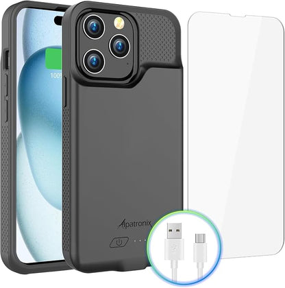 Alpatronix iPhone 15 and 15 Pro Battery Case, Strong Slim Portable Protective Extended 15W Fast Charger Case and Power Bank. iPhone 15 and 15 Pro Rechargeable Charging Pack (BX15W) – Black