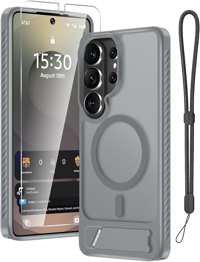 RMOCR for Samsung Galaxy S26 Ultra Case with Screen Protector+Lanyard Wrist Strap,Magnetic Translucent Matte Rugged Slim Phone Cover Built in Invisible Kickstand [Fit for MagSafe],2026 Grey