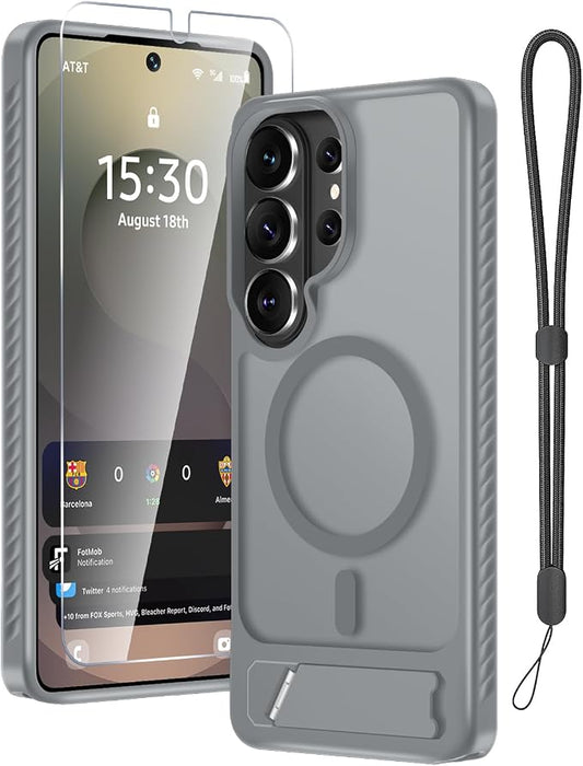 RMOCR for Samsung Galaxy S26 Ultra Case with Screen Protector+Lanyard Wrist Strap,Magnetic Translucent Matte Rugged Slim Phone Cover Built in Invisible Kickstand [Fit for MagSafe],2026 Grey