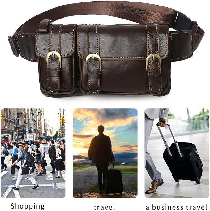 Vintage Leather Waist Bag Fanny Pack for Men Women Hip Bum Bag Belt Slim Cell Phone Purse Wallet Vintage Retro Crossbody Sling Pouch Brown